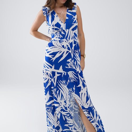 q2 women s dress maxi tropical print v neck dress with slit in blue maxi tropical print v neck dress with slit in blue 41301052784898