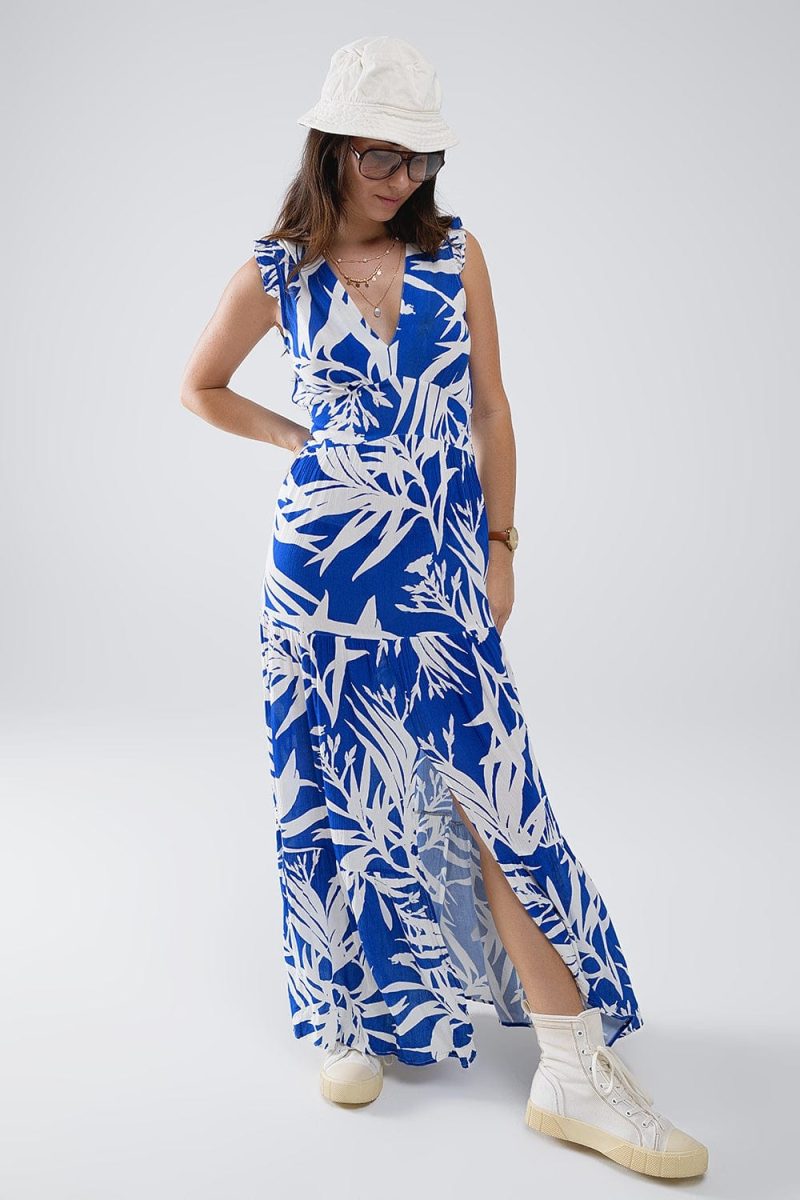 q2 women s dress maxi tropical print v neck dress with slit in blue maxi tropical print v neck dress with slit in blue 41301052784898