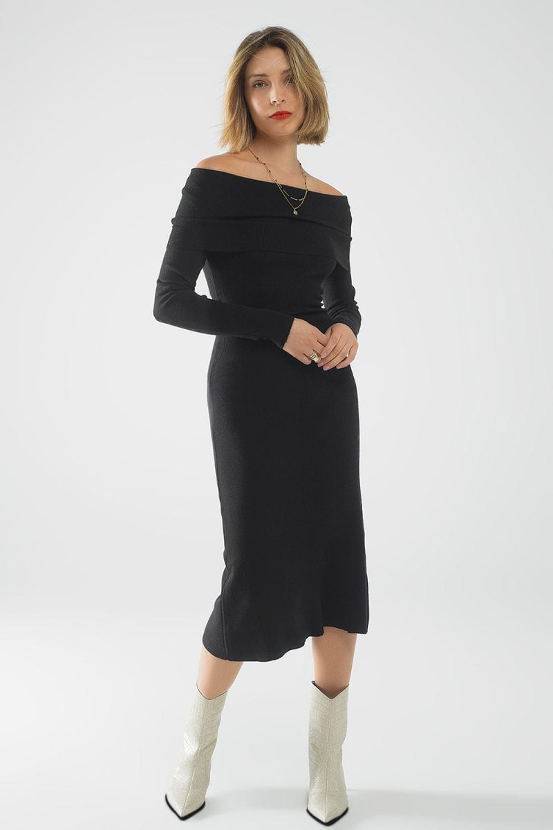 q2 women s dress one size black maxi knitted wide bardot dress in black maxi knitted wide bardot dress in black 7577101 63062 2614100121015 41881172836610