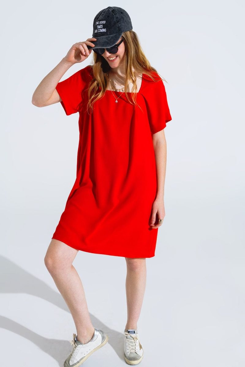 q2 women s dress relaxed short dress with square neckline and short sleeves in red relaxed short dress with square neckline and short sleeves in red 40764561588482