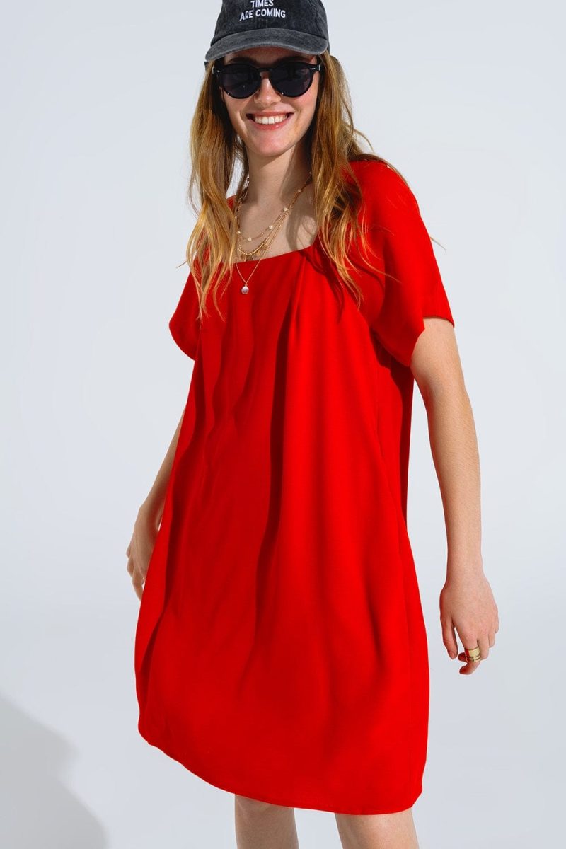 q2 women s dress relaxed short dress with square neckline and short sleeves in red relaxed short dress with square neckline and short sleeves in red 40764561654018