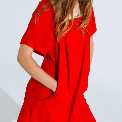 q2 women s dress relaxed short dress with square neckline and short sleeves in red relaxed short dress with square neckline and short sleeves in red 40764561686786