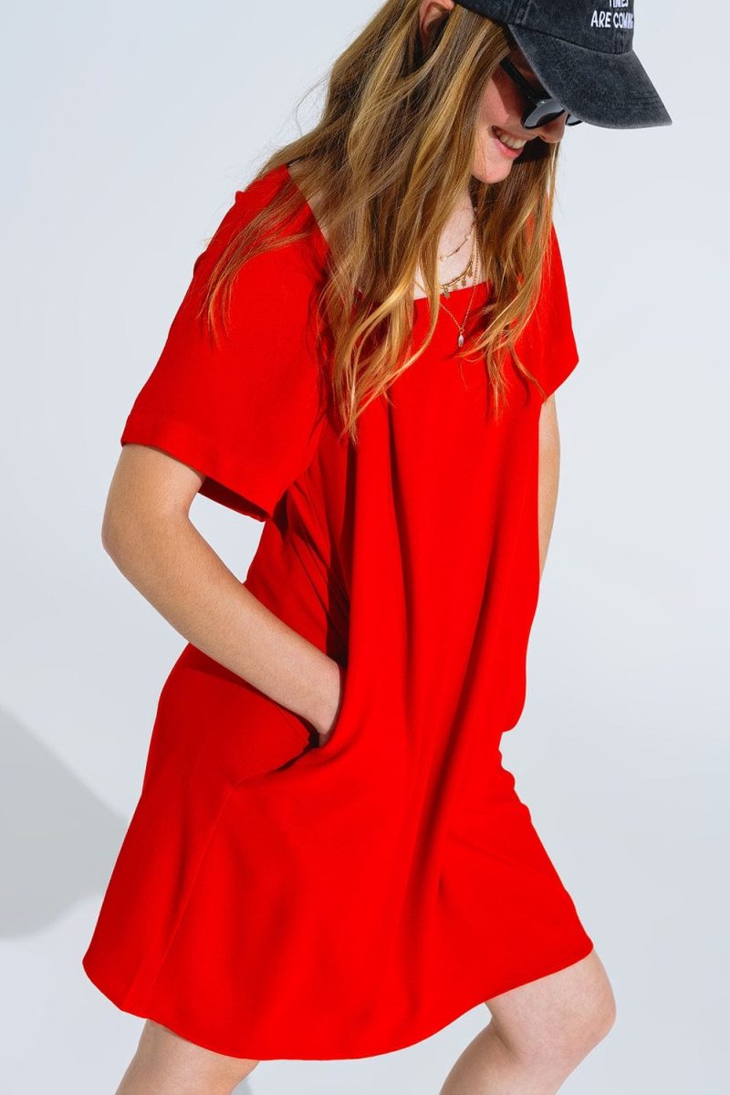 q2 women s dress relaxed short dress with square neckline and short sleeves in red relaxed short dress with square neckline and short sleeves in red 40764561686786