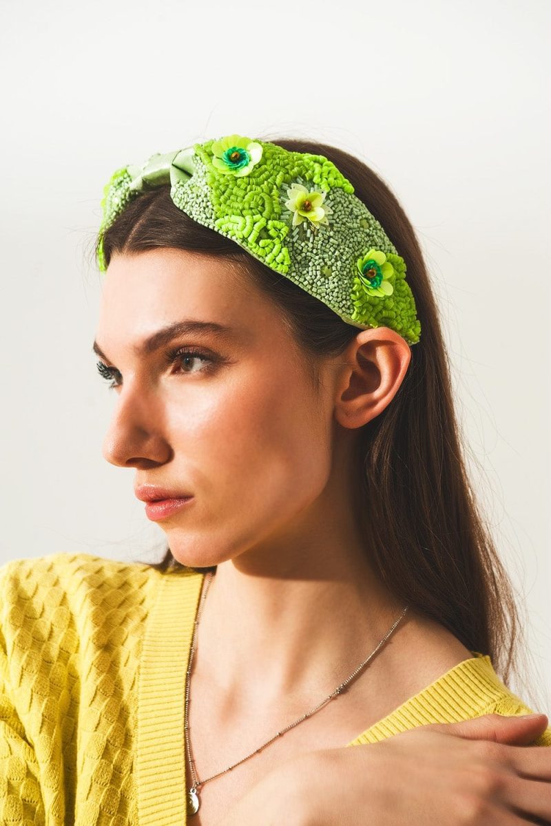 q2 women s hat one size green chunky headband with embellished green flowers chunky headband with embellished green flowers 9305913 55054 2305901321017 39226999243010