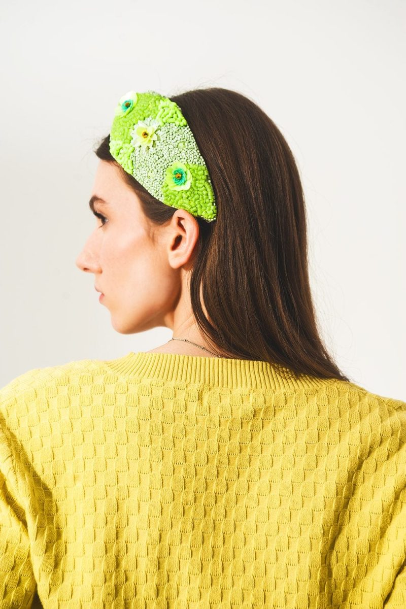 q2 women s hat one size green chunky headband with embellished green flowers chunky headband with embellished green flowers 9305913 55054 2305901321017 39226999275778