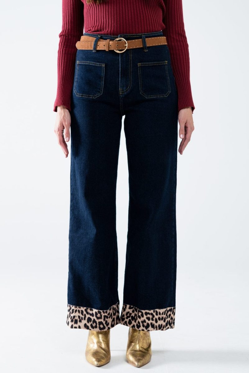 q2 women s jean dark wash wide leg jeans with leopard detail at the bottom dark wash wide leg jeans with leopard detail at the bottom 42084656808194