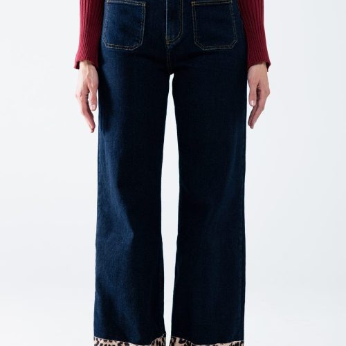 q2 women s jean dark wash wide leg jeans with leopard detail at the bottom dark wash wide leg jeans with leopard detail at the bottom 42084656873730