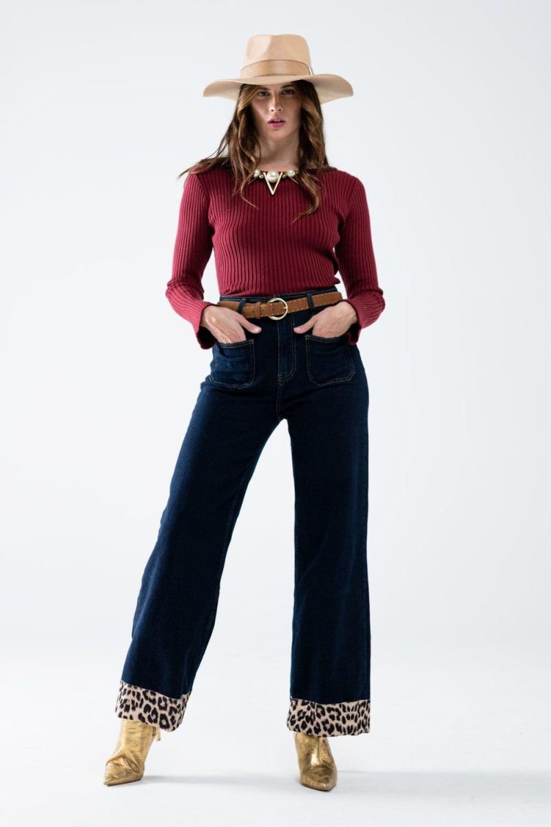 q2 women s jean dark wash wide leg jeans with leopard detail at the bottom dark wash wide leg jeans with leopard detail at the bottom 42084657004802