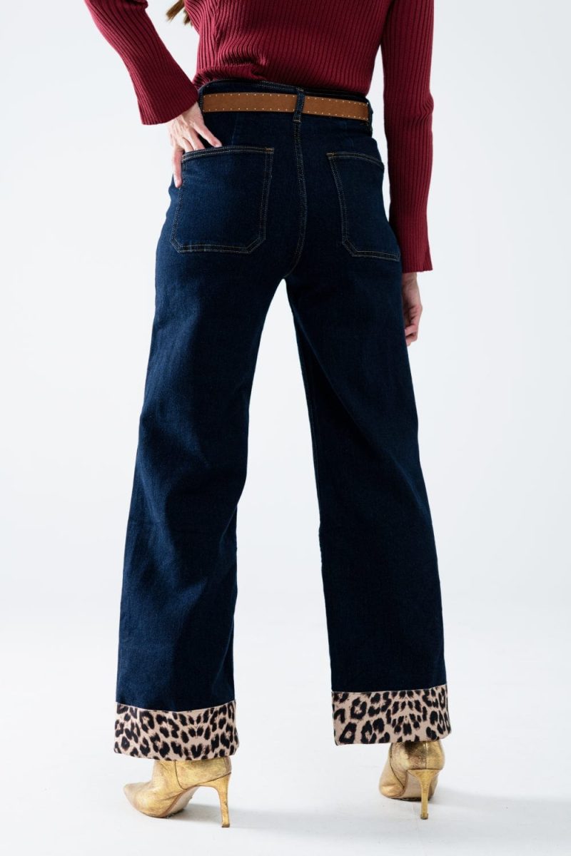 q2 women s jean dark wash wide leg jeans with leopard detail at the bottom dark wash wide leg jeans with leopard detail at the bottom 42084657037570