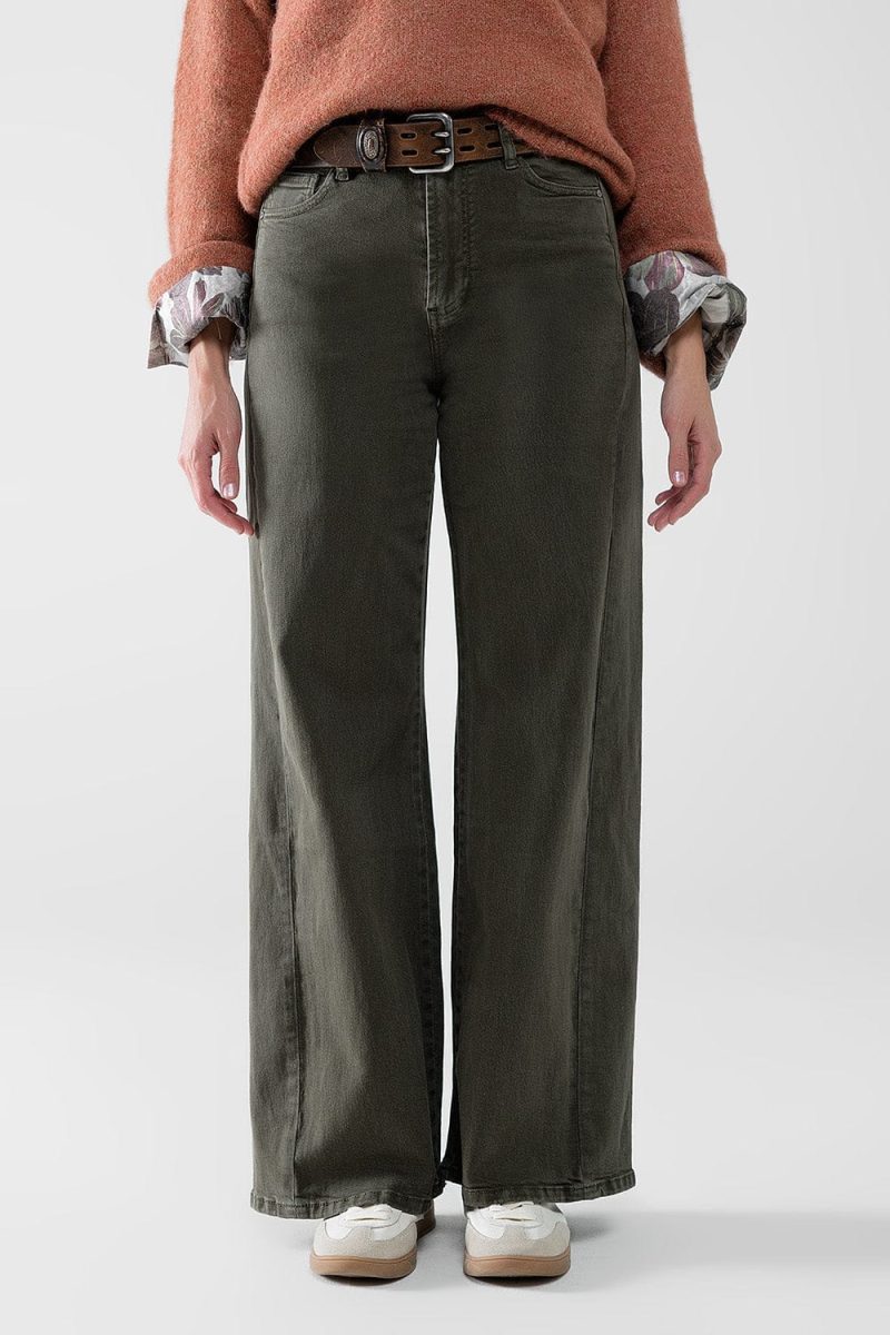 q2 women s jean extra wide leg pants in olive green color extra wide leg pants in olive green color 42115307503874