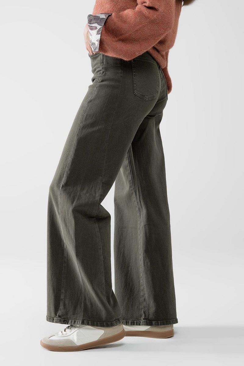 q2 women s jean extra wide leg pants in olive green color extra wide leg pants in olive green color 42115307569410