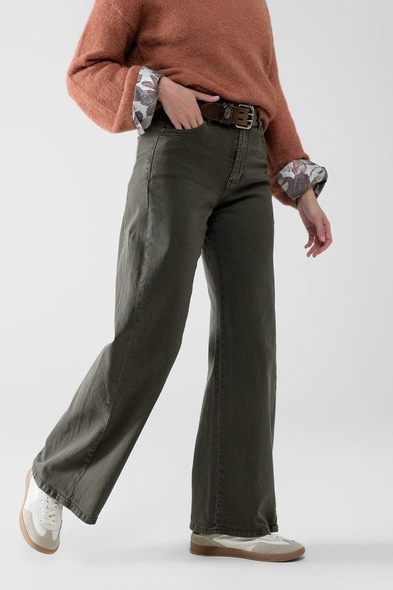 q2 women s jean extra wide leg pants in olive green color extra wide leg pants in olive green color 42115307634946