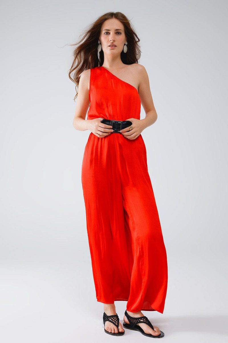 q2 women s jumpsuits rompers drapped one shoulder jumpsuit with cinched waist in red 40764549693698