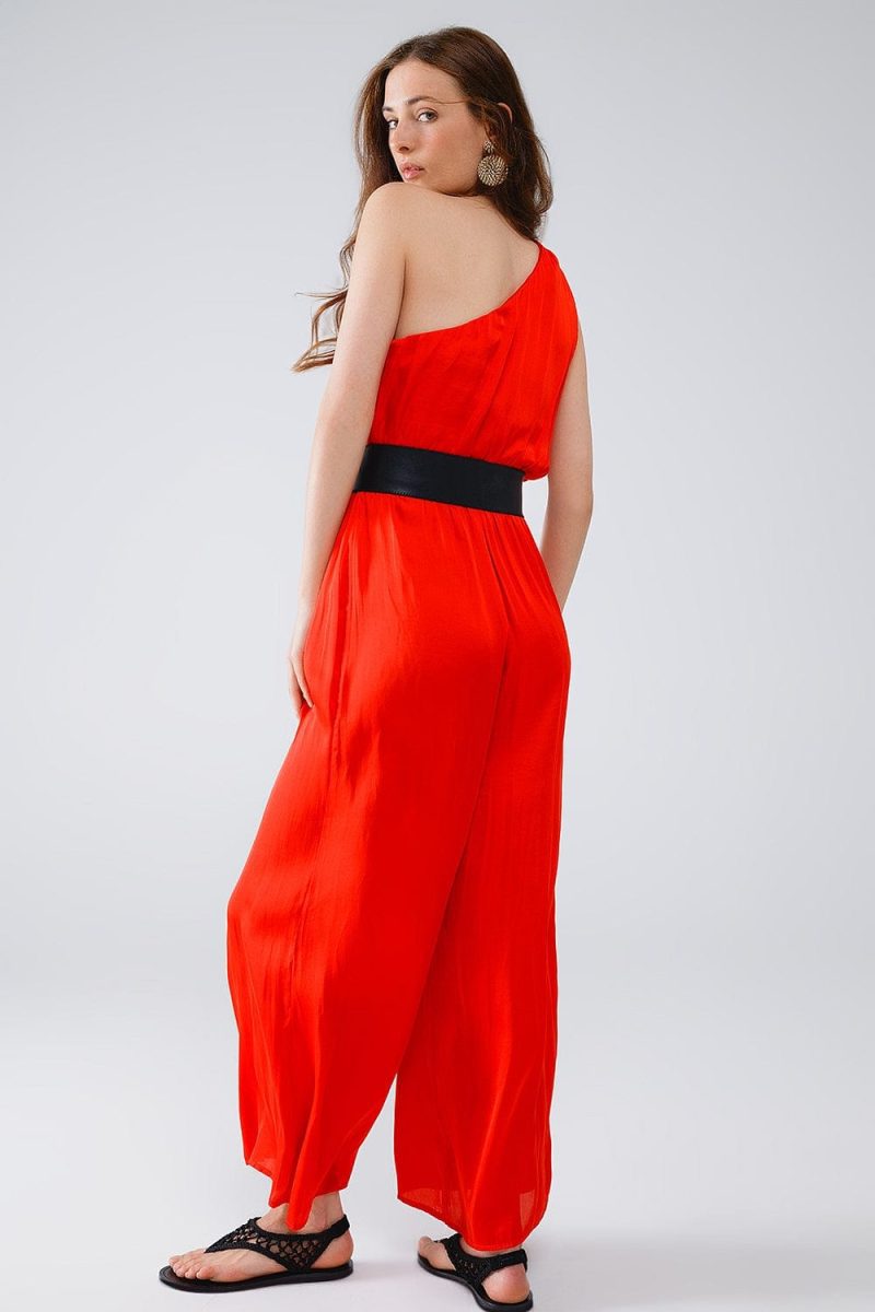 q2 women s jumpsuits rompers drapped one shoulder jumpsuit with cinched waist in red 40764549726466