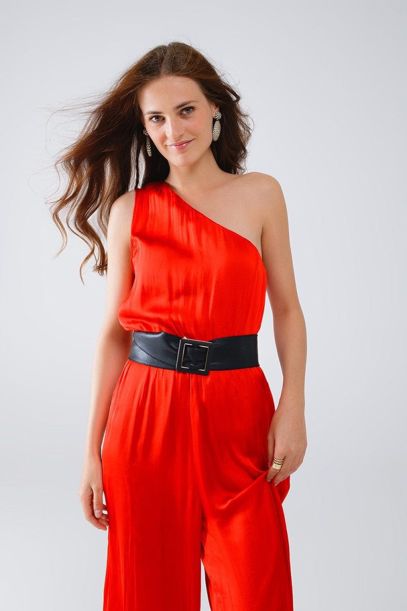 q2 women s jumpsuits rompers drapped one shoulder jumpsuit with cinched waist in red 40764549759234