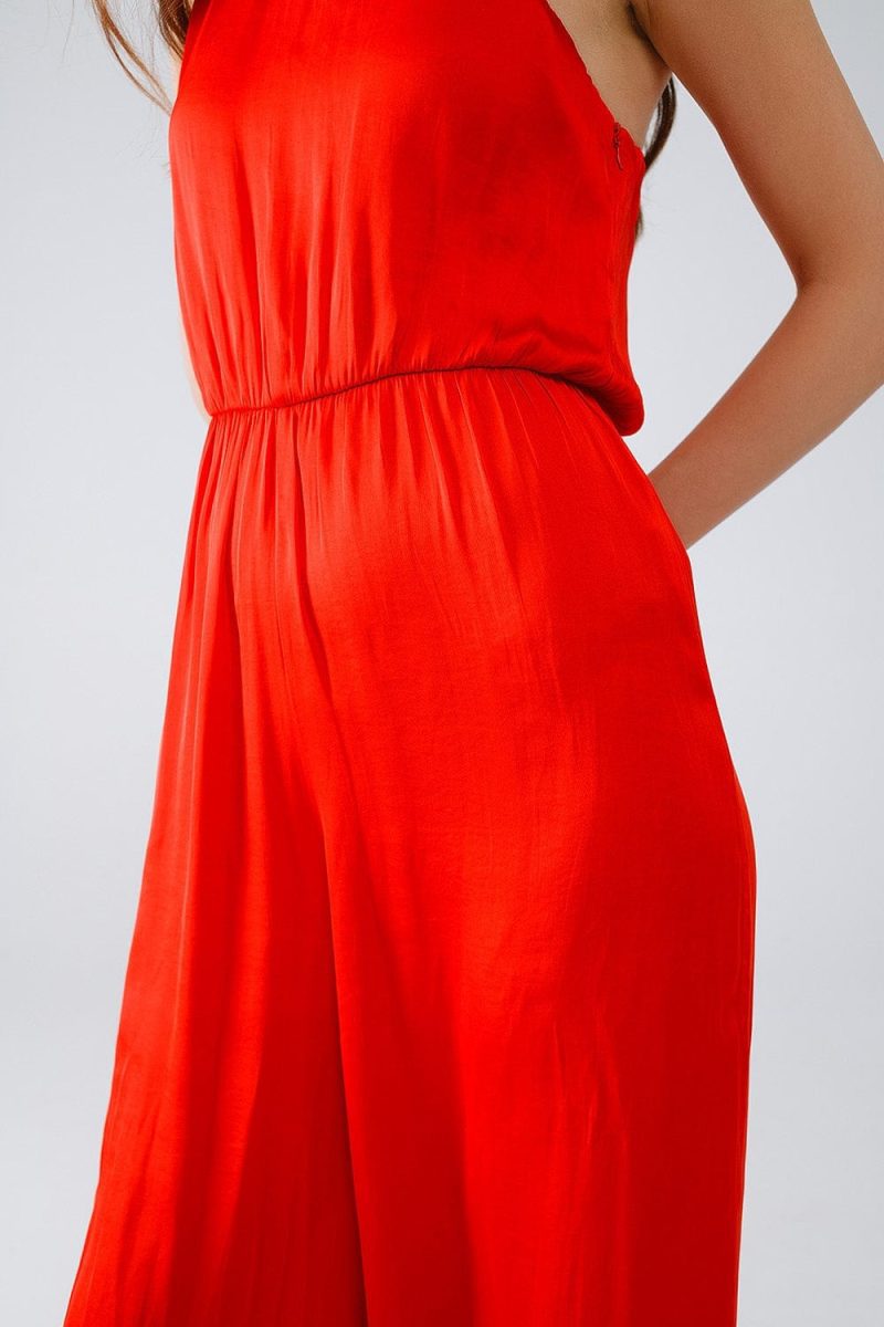 q2 women s jumpsuits rompers drapped one shoulder jumpsuit with cinched waist in red 40764549857538