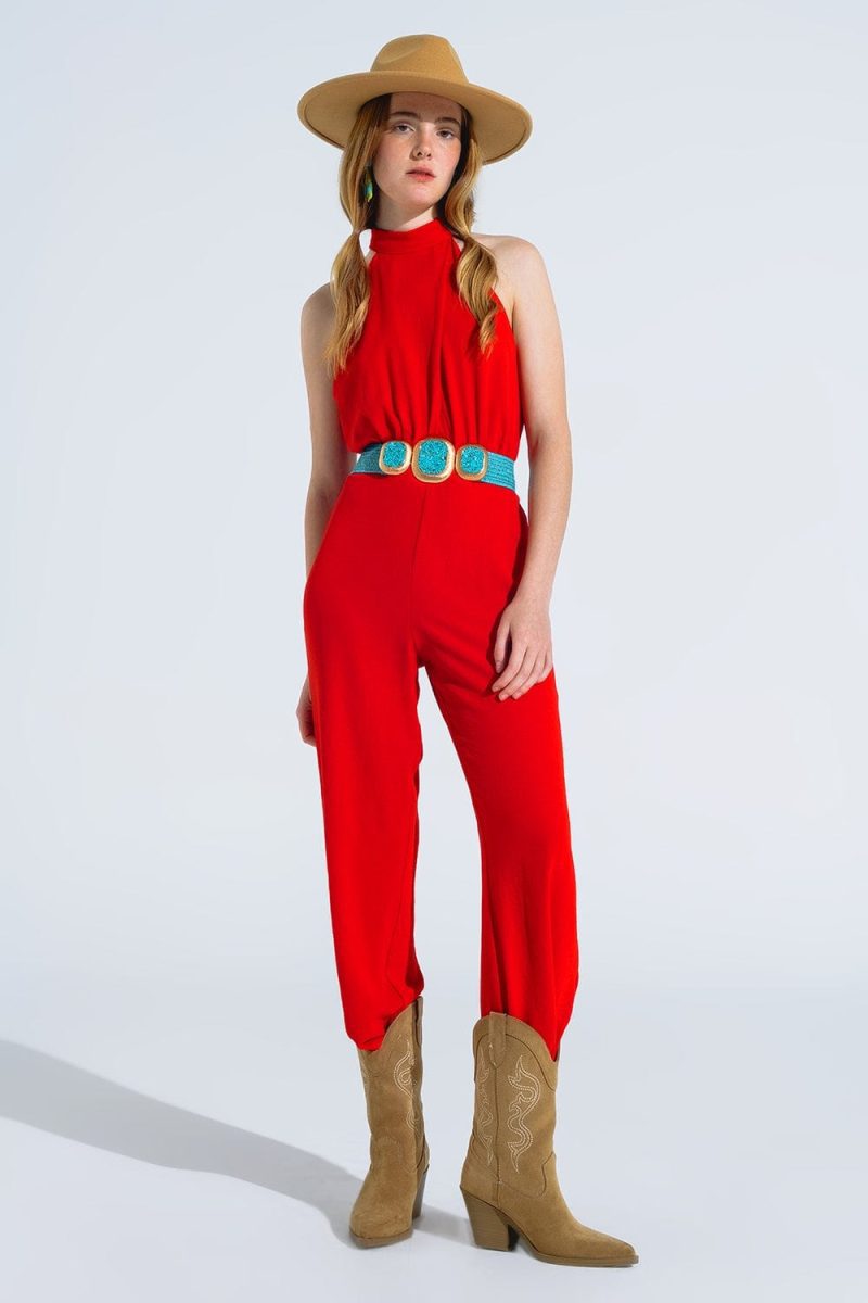 q2 women s jumpsuits rompers red jumpsuit with crossed halter neckline 40764570435842