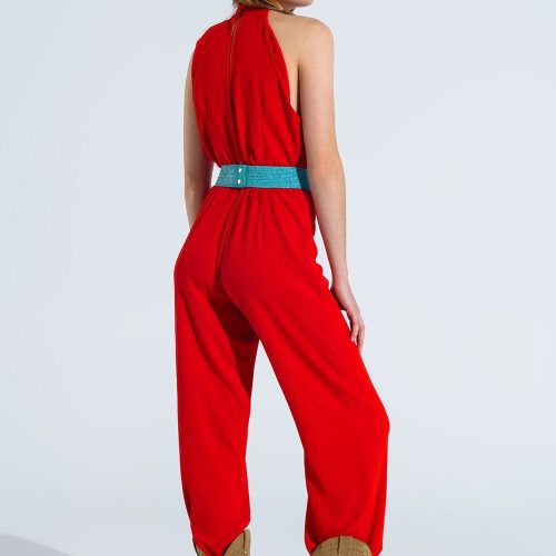 q2 women s jumpsuits rompers red jumpsuit with crossed halter neckline 40764570534146