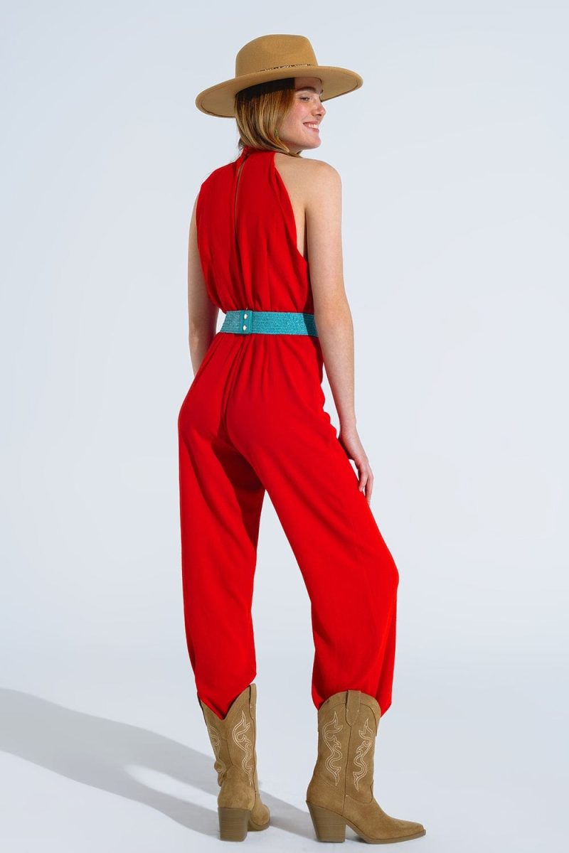 q2 women s jumpsuits rompers red jumpsuit with crossed halter neckline 40764570534146