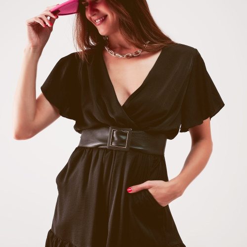 q2 women s jumpsuits rompers wrap front frill hem jumpsuit in black wrap front frill hem jumpsuit in black 39087567241474