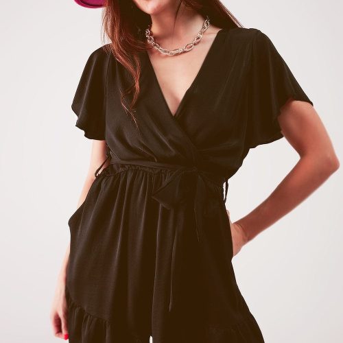 q2 women s jumpsuits rompers wrap front frill hem jumpsuit in black wrap front frill hem jumpsuit in black 39087567307010