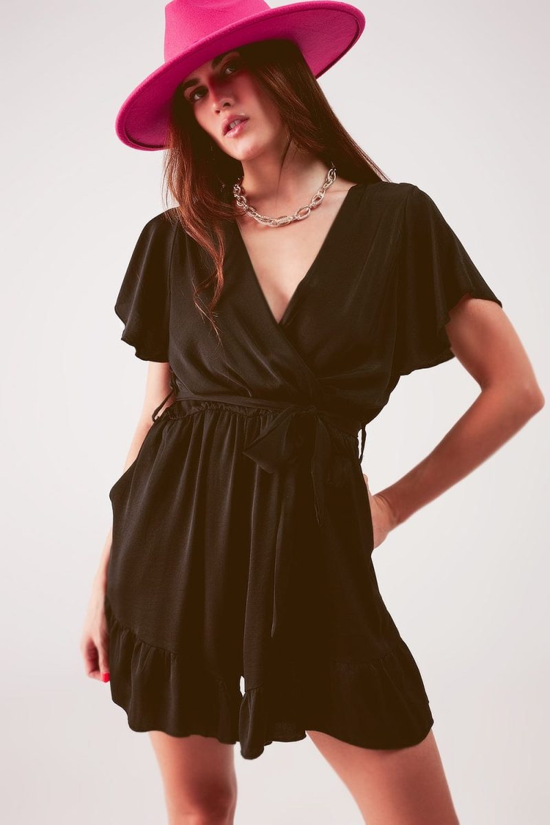 q2 women s jumpsuits rompers wrap front frill hem jumpsuit in black wrap front frill hem jumpsuit in black 39087567307010