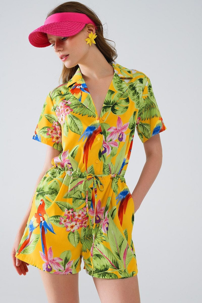 q2 women s jumpsuits rompers yellow short jumpsuit with tropical print and drawstring closure yellow short jumpsuit with tropical print and drawstring closure 40999387562242