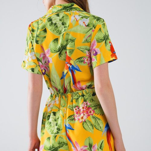 q2 women s jumpsuits rompers yellow short jumpsuit with tropical print and drawstring closure yellow short jumpsuit with tropical print and drawstring closure 40999387627778