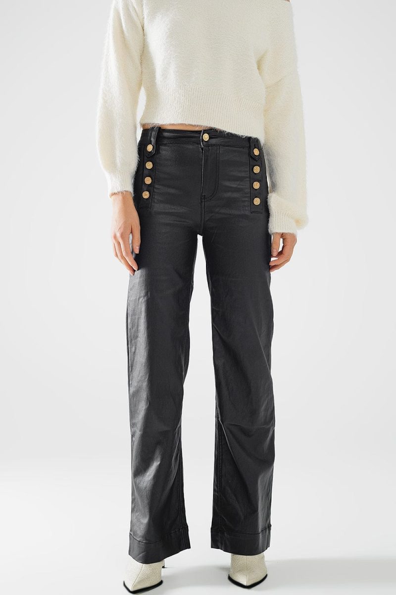 q2 women s pants trousers black faux leather trousers with buttons black faux leather trousers with buttons 41960318435586