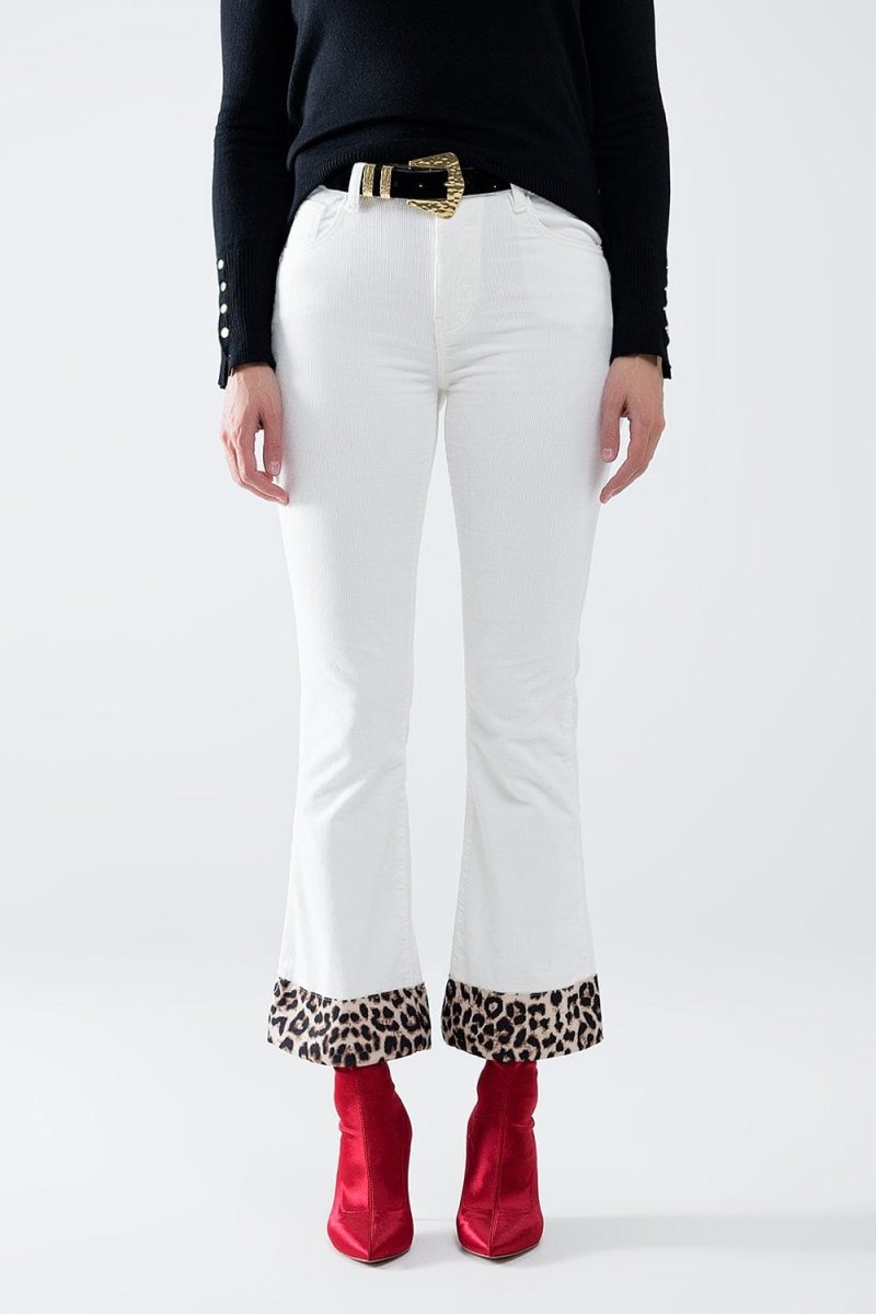 q2 women s pants trousers cream corduroy flare pants with leopard print at the bottom cream corduroy flare pants with leopard print at the bottom 42084529766658