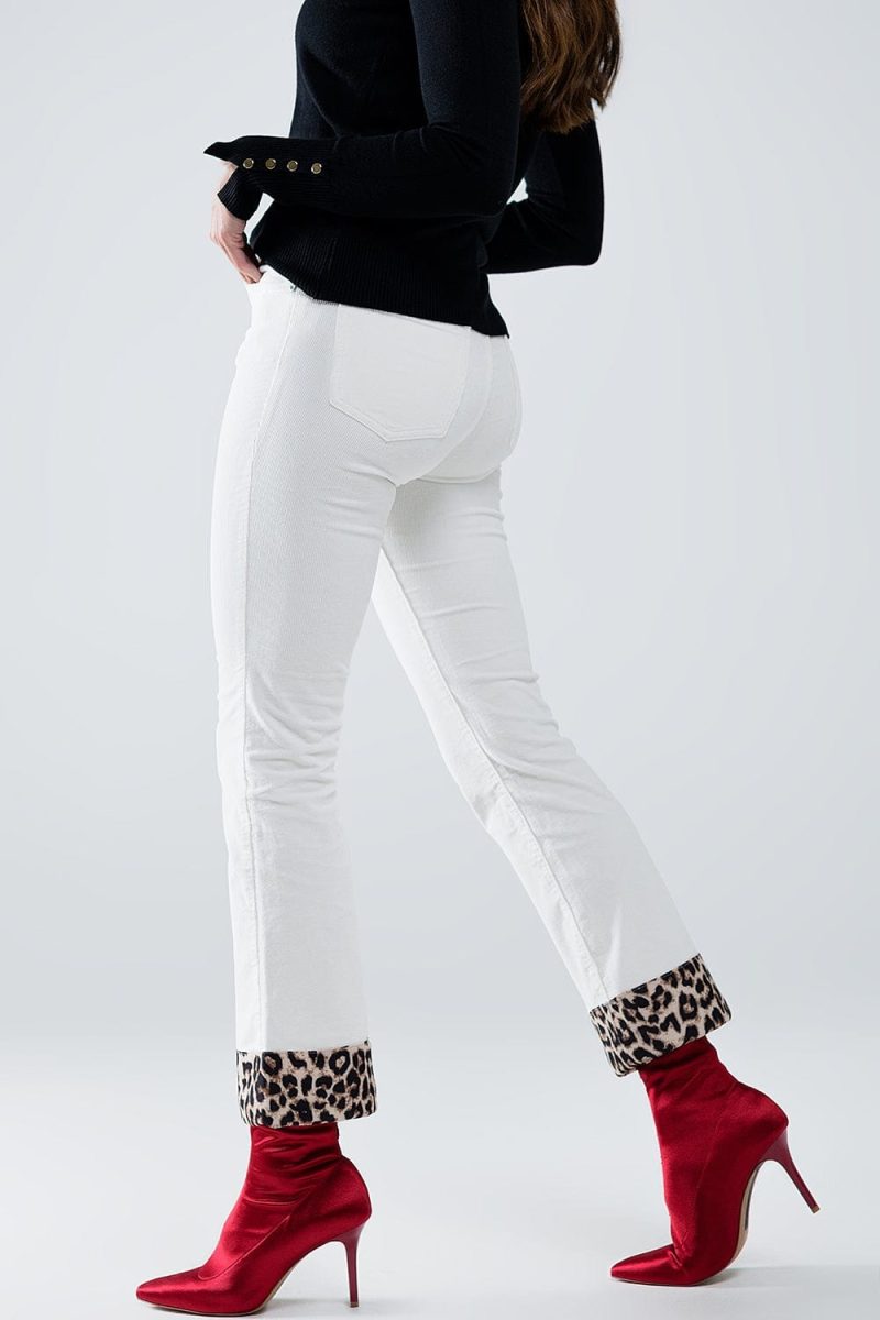 q2 women s pants trousers cream corduroy flare pants with leopard print at the bottom cream corduroy flare pants with leopard print at the bottom 42084529799426