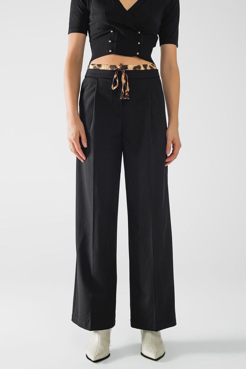 q2 women s pants trousers long black pleated pants with leopard detail at the waist long black pleated pants with leopard detail at the waist 41960321220866