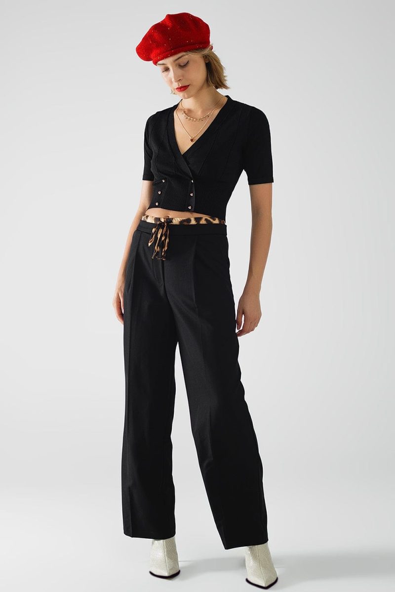 q2 women s pants trousers long black pleated pants with leopard detail at the waist long black pleated pants with leopard detail at the waist 41960321319170