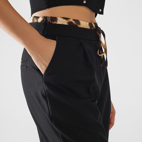 q2 women s pants trousers long black pleated pants with leopard detail at the waist long black pleated pants with leopard detail at the waist 41960321351938