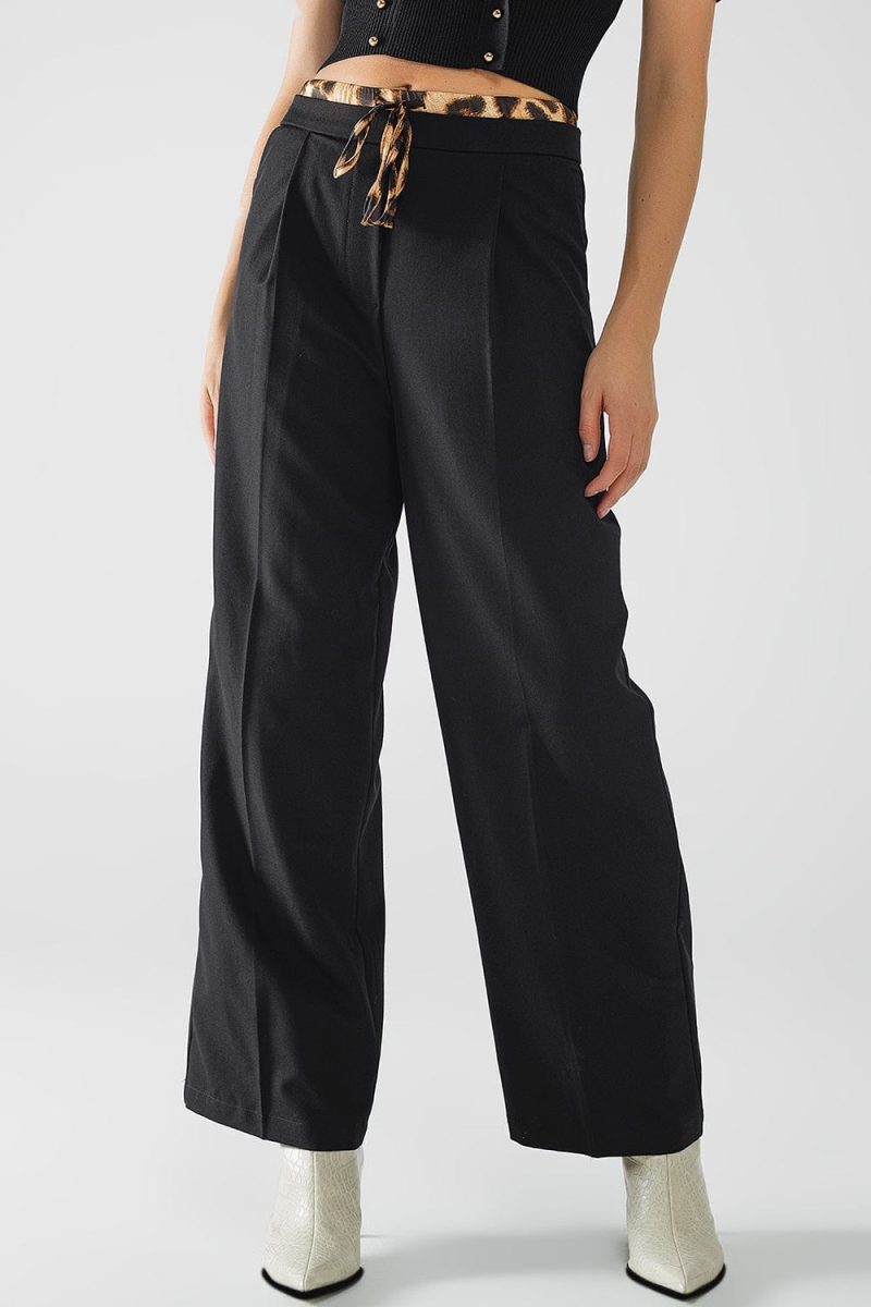 q2 women s pants trousers long black pleated pants with leopard detail at the waist long black pleated pants with leopard detail at the waist 41960321384706