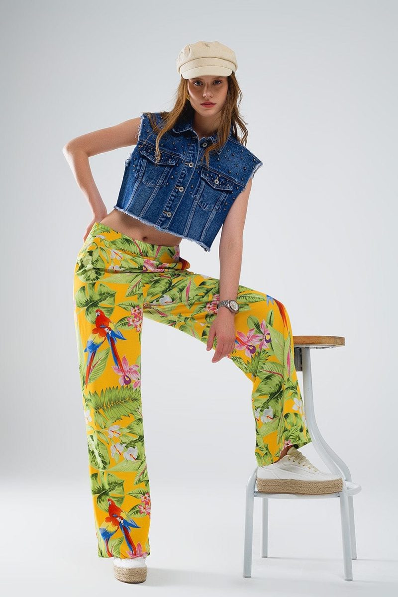 q2 women s pants trousers yellow pants with tropical print with zip side yellow pants with tropical print with zip side 40999386743042