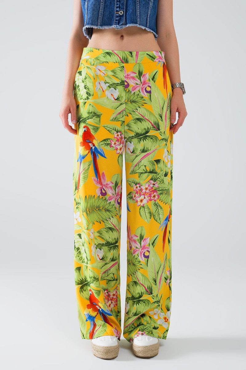 q2 women s pants trousers yellow pants with tropical print with zip side yellow pants with tropical print with zip side 40999386775810