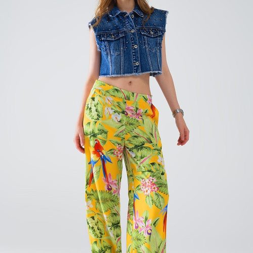 q2 women s pants trousers yellow pants with tropical print with zip side yellow pants with tropical print with zip side 40999386841346