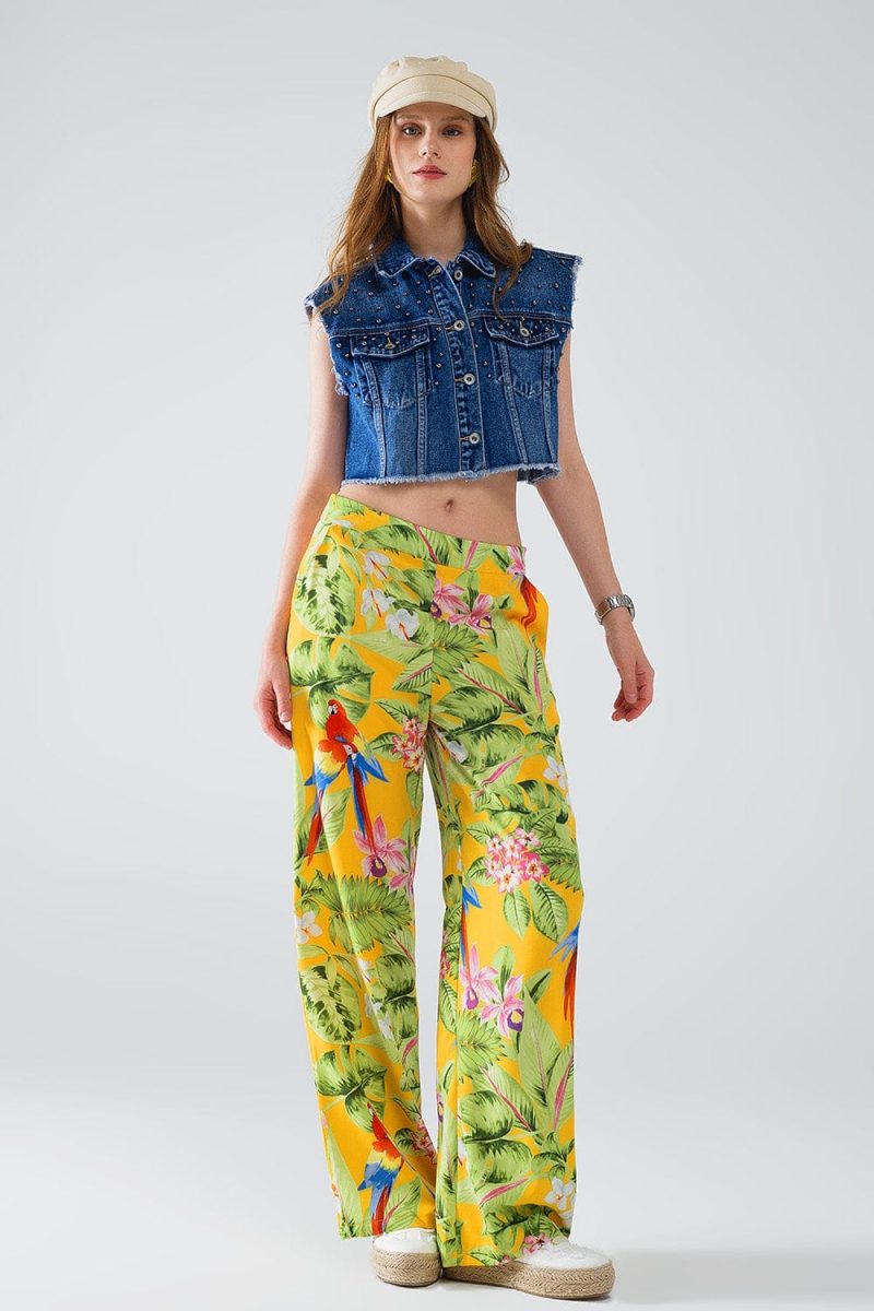 q2 women s pants trousers yellow pants with tropical print with zip side yellow pants with tropical print with zip side 40999386841346