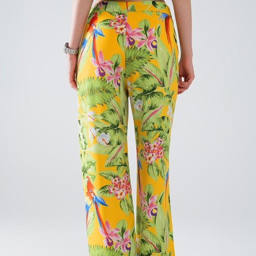 q2 women s pants trousers yellow pants with tropical print with zip side yellow pants with tropical print with zip side 40999386874114