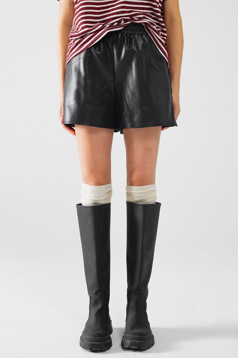 q2 women s shorts black faux leather shorts with gathering at the waist with drawstring black faux leather shorts with gathering at the waist with drawstring 41679187083522