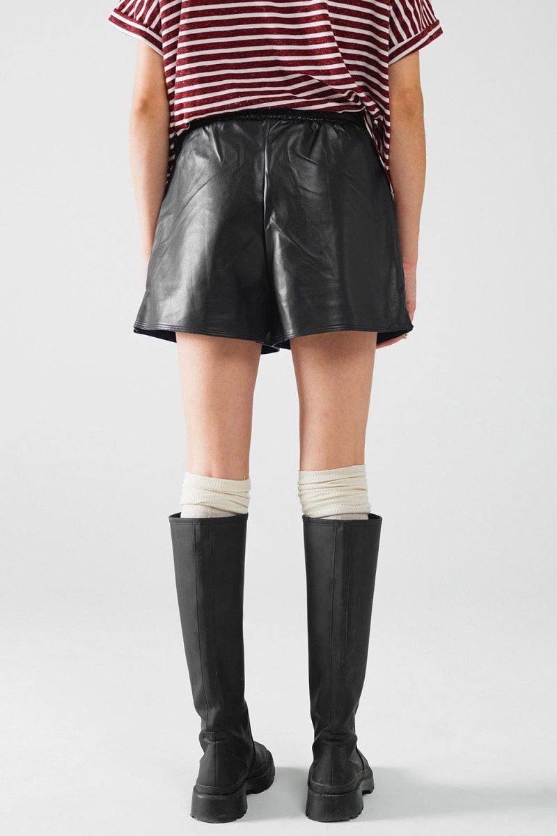 q2 women s shorts black faux leather shorts with gathering at the waist with drawstring black faux leather shorts with gathering at the waist with drawstring 41679187149058