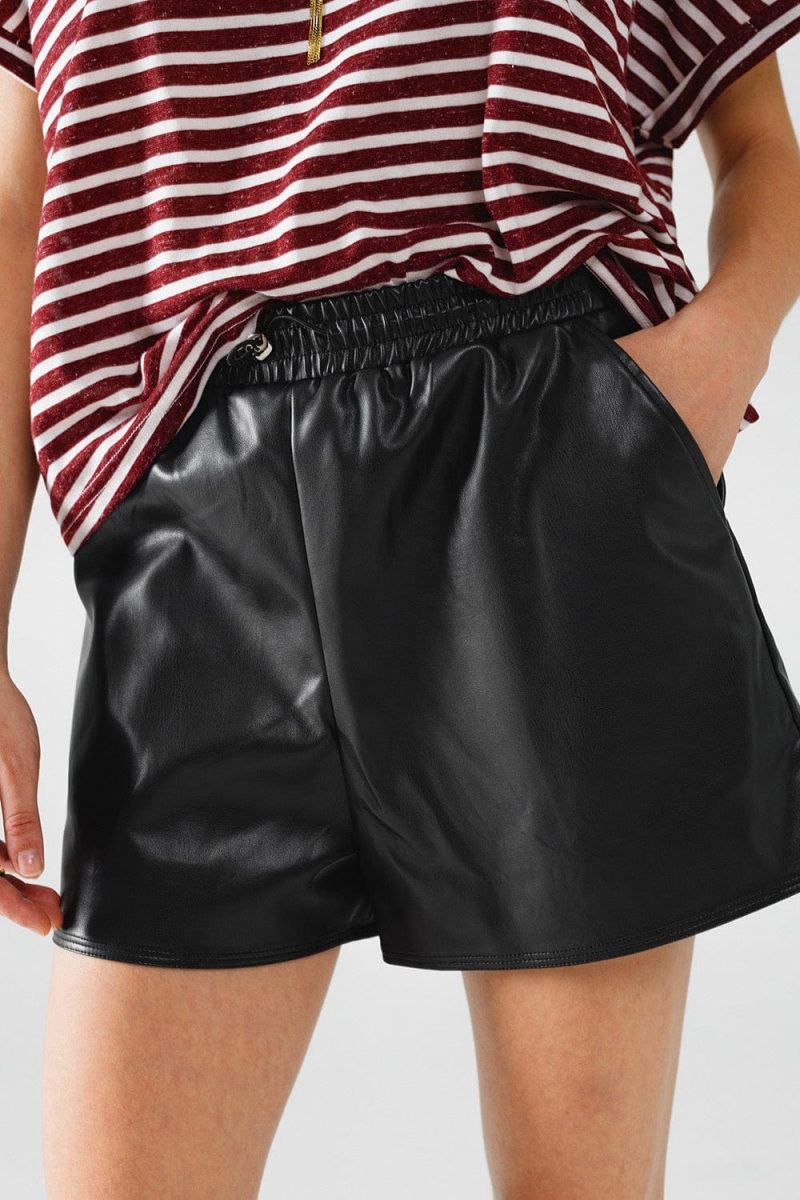 q2 women s shorts black faux leather shorts with gathering at the waist with drawstring black faux leather shorts with gathering at the waist with drawstring 41679187214594