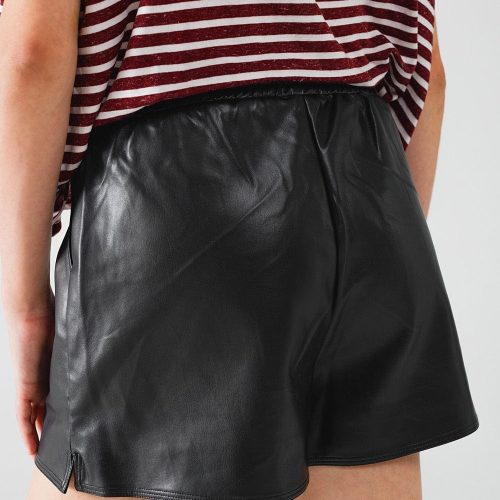 q2 women s shorts black faux leather shorts with gathering at the waist with drawstring black faux leather shorts with gathering at the waist with drawstring 41679187247362