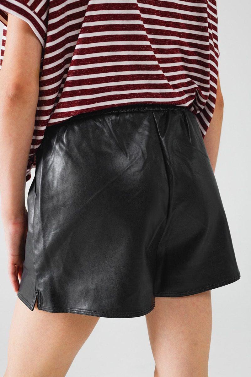 q2 women s shorts black faux leather shorts with gathering at the waist with drawstring black faux leather shorts with gathering at the waist with drawstring 41679187247362