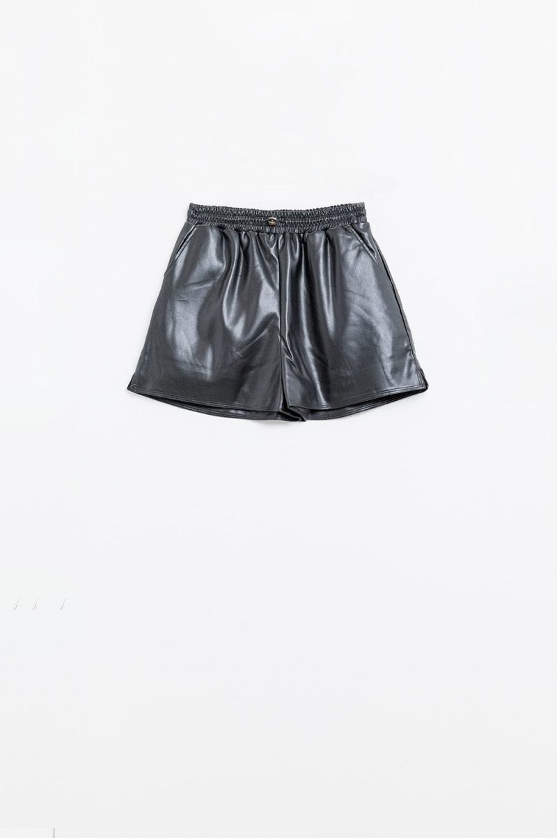 q2 women s shorts black faux leather shorts with gathering at the waist with drawstring black faux leather shorts with gathering at the waist with drawstring 41679187280130