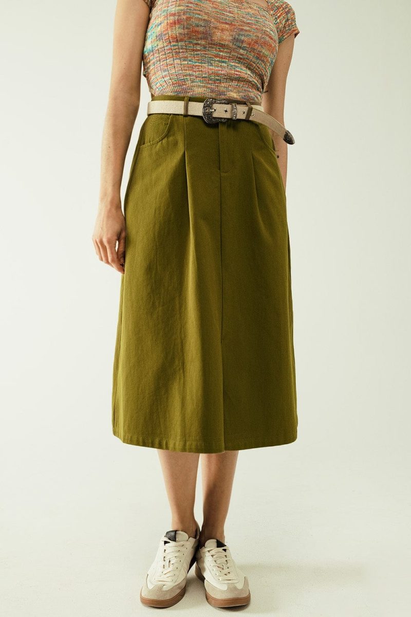 q2 women s skirt a line midi khaki skirt with pockets in khaki a line midi khaki skirt with pockets in khaki 40019340886274