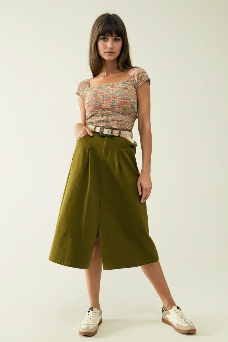 q2 women s skirt a line midi khaki skirt with pockets in khaki a line midi khaki skirt with pockets in khaki 40019340951810