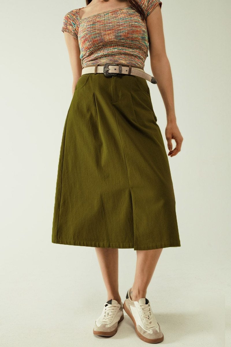 q2 women s skirt a line midi khaki skirt with pockets in khaki a line midi khaki skirt with pockets in khaki 40019340984578