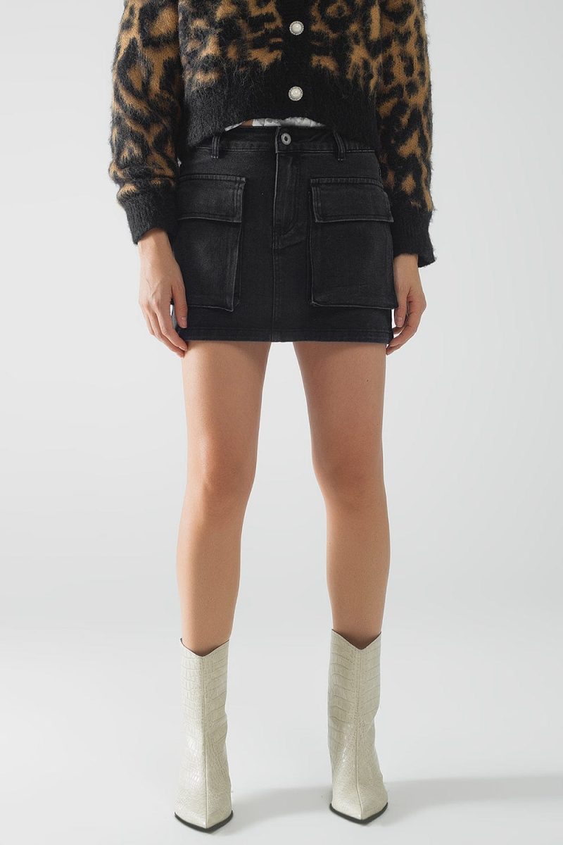 q2 women s skirt black denim miniskirt with cargo pockets black denim miniskirt with cargo pockets 42084517347586